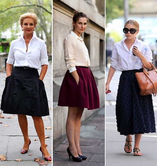 street+style+white+collared+shirt+flare+skirt+olsen